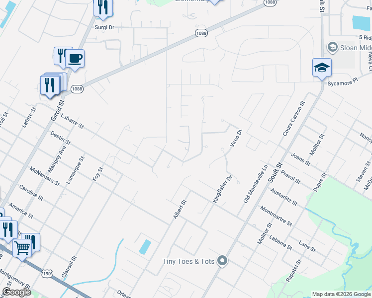 map of restaurants, bars, coffee shops, grocery stores, and more near 544 Tanager Drive in Mandeville