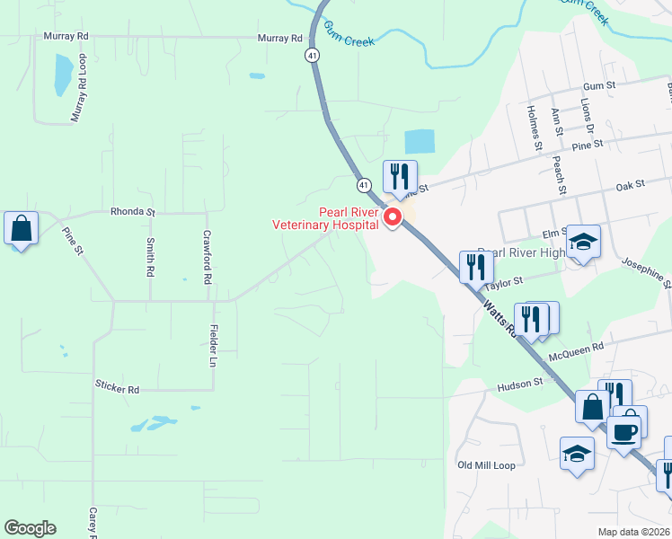 map of restaurants, bars, coffee shops, grocery stores, and more near 107 Pinewood Circle in Pearl River