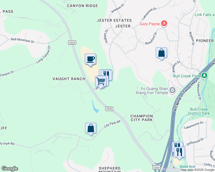 map of restaurants, bars, coffee shops, grocery stores, and more near 6507 Jester Boulevard in Austin
