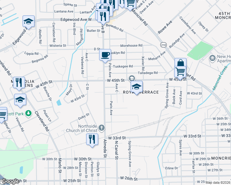 map of restaurants, bars, coffee shops, grocery stores, and more near 2210 West 44th Street in Jacksonville