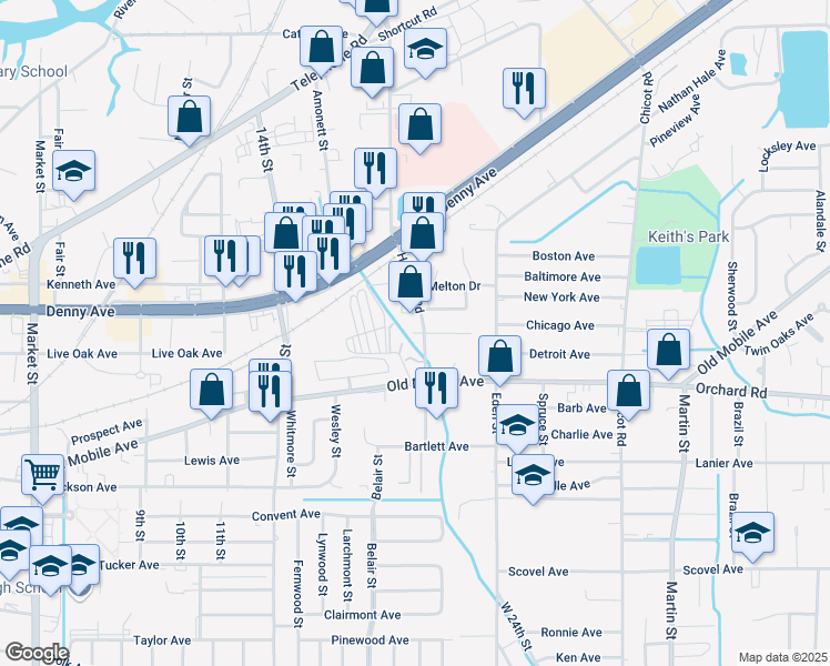 map of restaurants, bars, coffee shops, grocery stores, and more near 3613A Hospital Road in Pascagoula