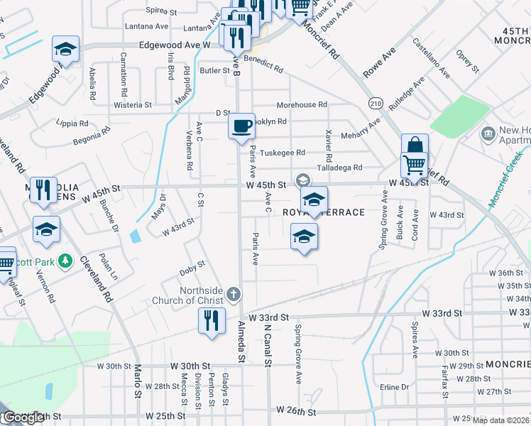 map of restaurants, bars, coffee shops, grocery stores, and more near 2210 West 44th Street in Jacksonville