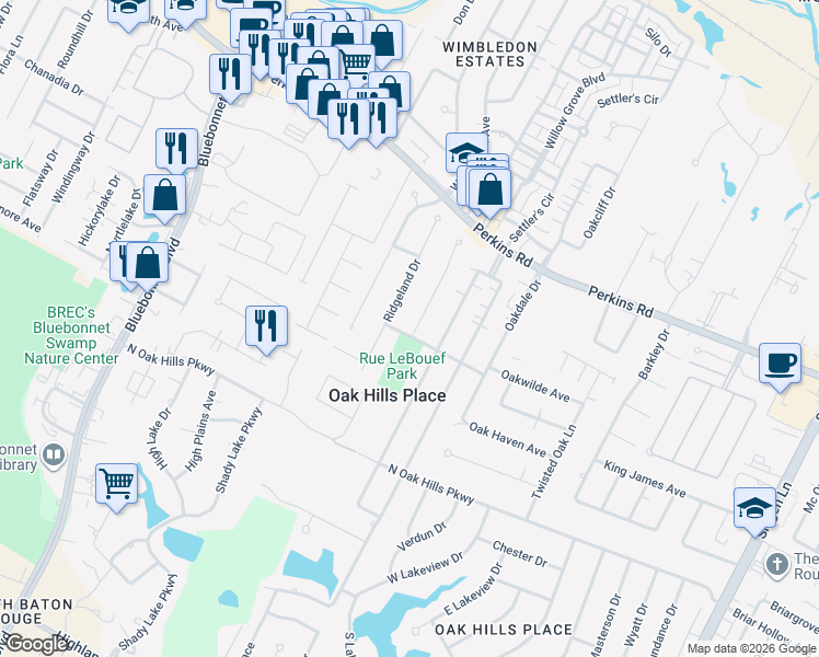 map of restaurants, bars, coffee shops, grocery stores, and more near 1510 Ridgeland Drive in Baton Rouge