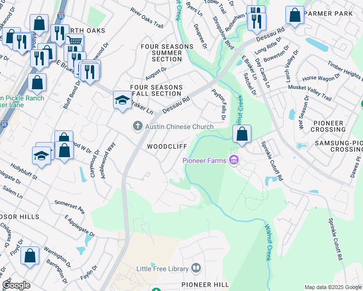 map of restaurants, bars, coffee shops, grocery stores, and more near 11212 Hidden Bluff Drive in Austin