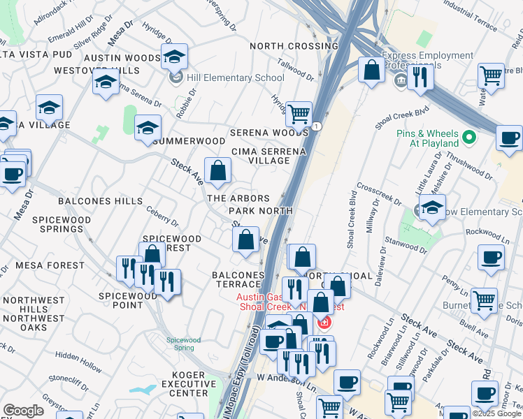 map of restaurants, bars, coffee shops, grocery stores, and more near 8300 North Mopac Expressway in Austin