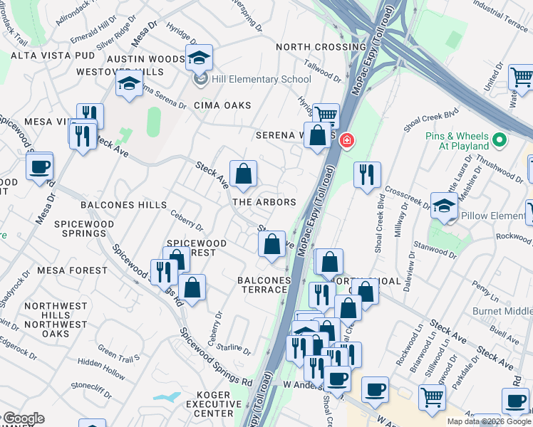 map of restaurants, bars, coffee shops, grocery stores, and more near 8222 Bent Tree Road in Austin