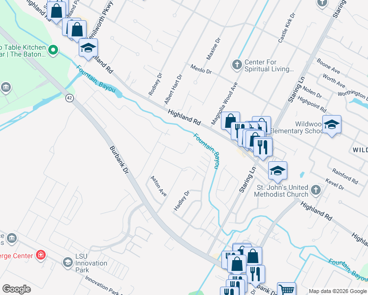 map of restaurants, bars, coffee shops, grocery stores, and more near 8633 Arabella Avenue in Baton Rouge