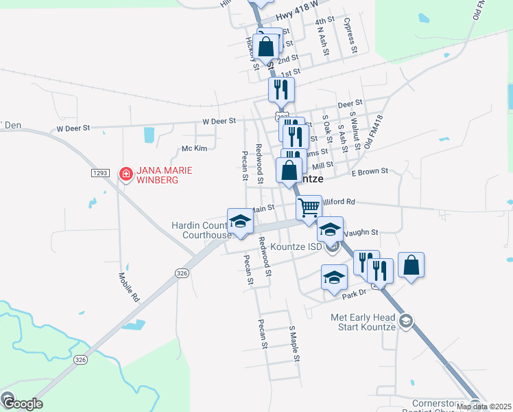 map of restaurants, bars, coffee shops, grocery stores, and more near 210 East Main Street in Kountze