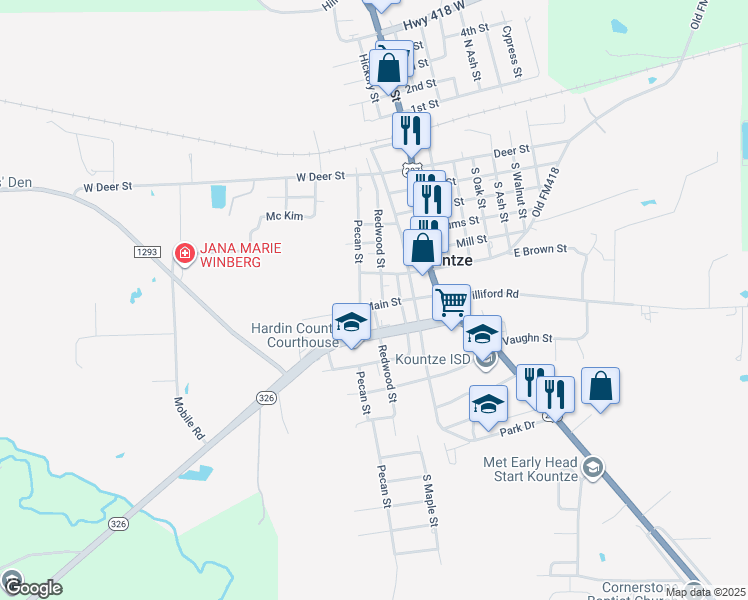 map of restaurants, bars, coffee shops, grocery stores, and more near 210 East Main Street in Kountze