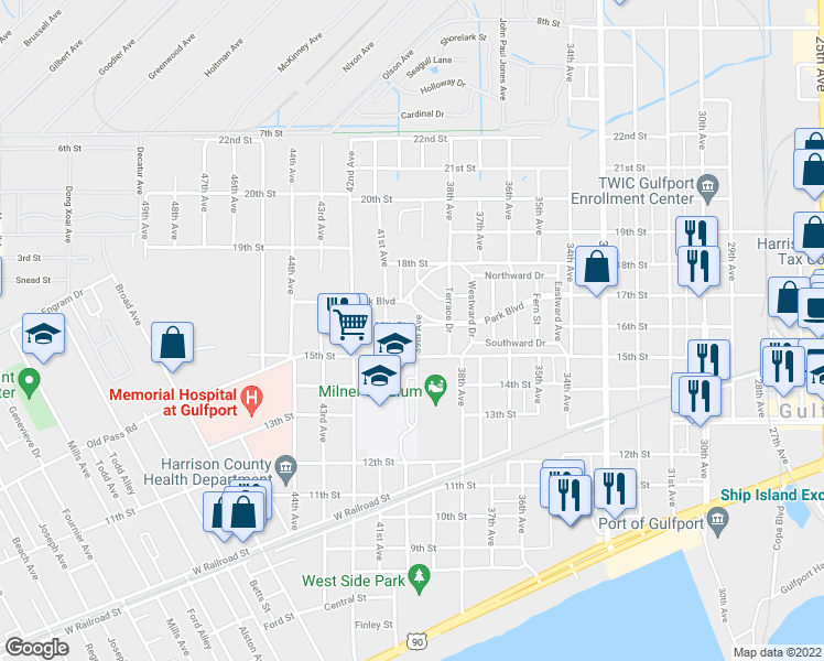 map of restaurants, bars, coffee shops, grocery stores, and more near 3901 16th Street in Gulfport