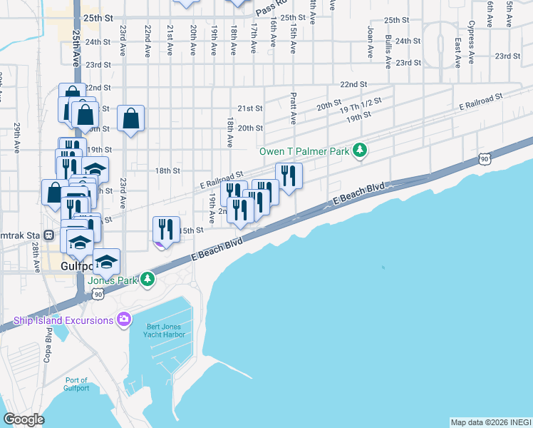 map of restaurants, bars, coffee shops, grocery stores, and more near 1635 2nd St in Gulfport
