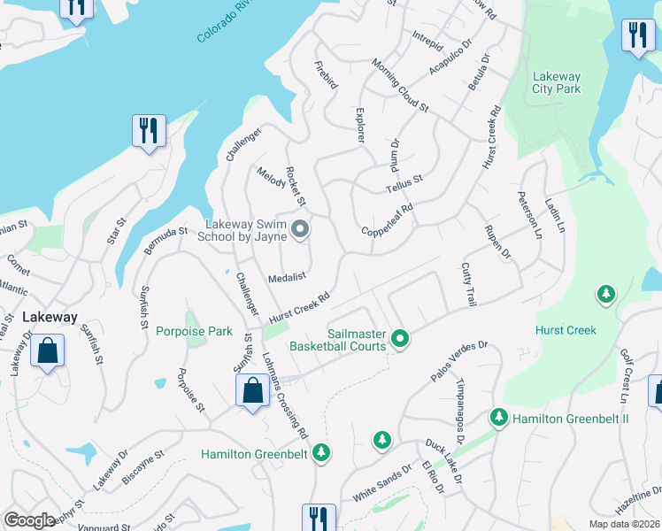 map of restaurants, bars, coffee shops, grocery stores, and more near 119 Hurst Creek Road in Lakeway