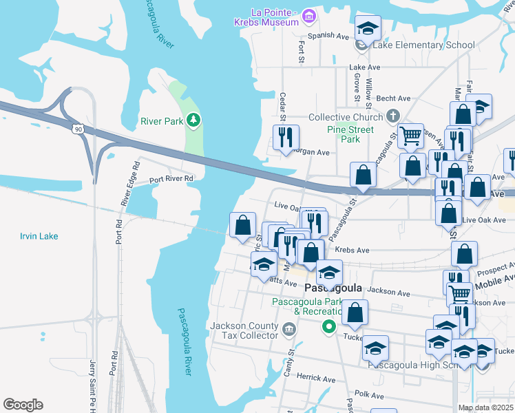 map of restaurants, bars, coffee shops, grocery stores, and more near 410 Live Oak Avenue in Pascagoula