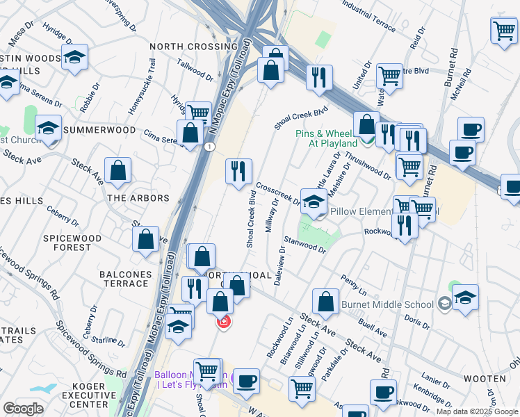 map of restaurants, bars, coffee shops, grocery stores, and more near 8505 Shoal Creek Boulevard in Austin