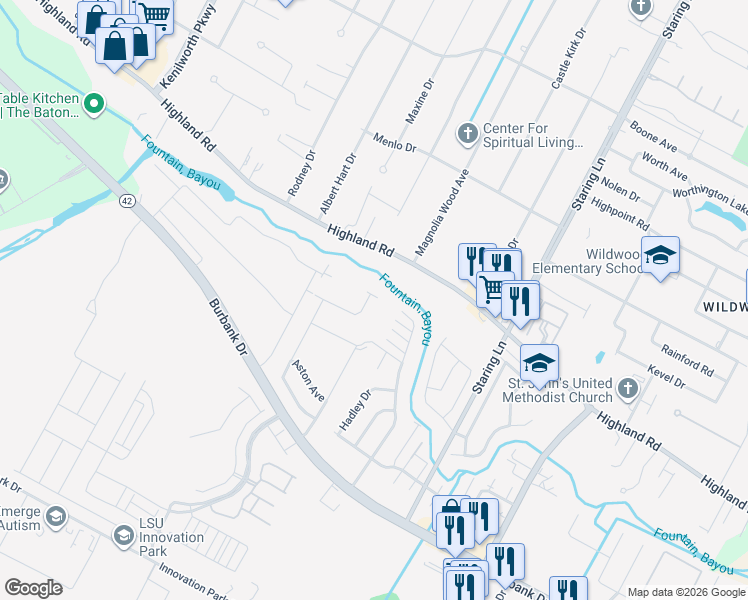 map of restaurants, bars, coffee shops, grocery stores, and more near 8634 Arabella Avenue in Baton Rouge