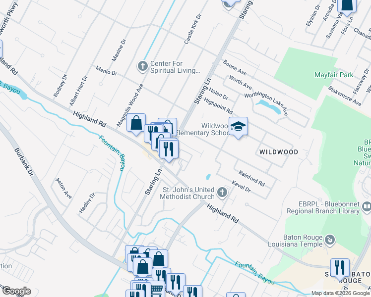 map of restaurants, bars, coffee shops, grocery stores, and more near 8984 Kingcrest Parkway in Baton Rouge
