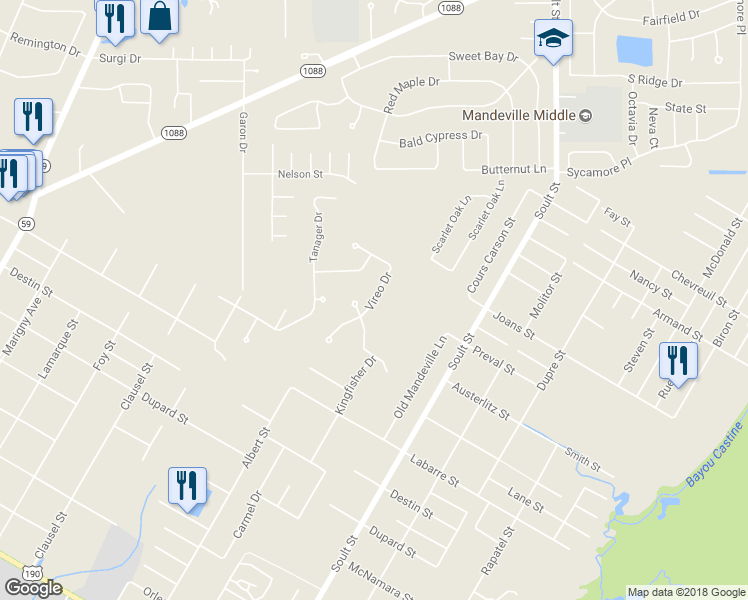 map of restaurants, bars, coffee shops, grocery stores, and more near 350 Vireo Drive in Mandeville