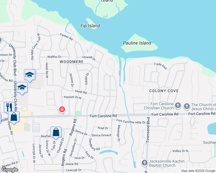 map of restaurants, bars, coffee shops, grocery stores, and more near 3837 Tara Hall Drive in Jacksonville