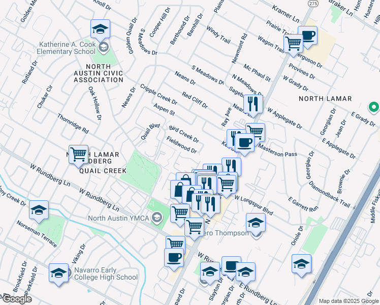 map of restaurants, bars, coffee shops, grocery stores, and more near 1001A Fieldwood Drive in Austin
