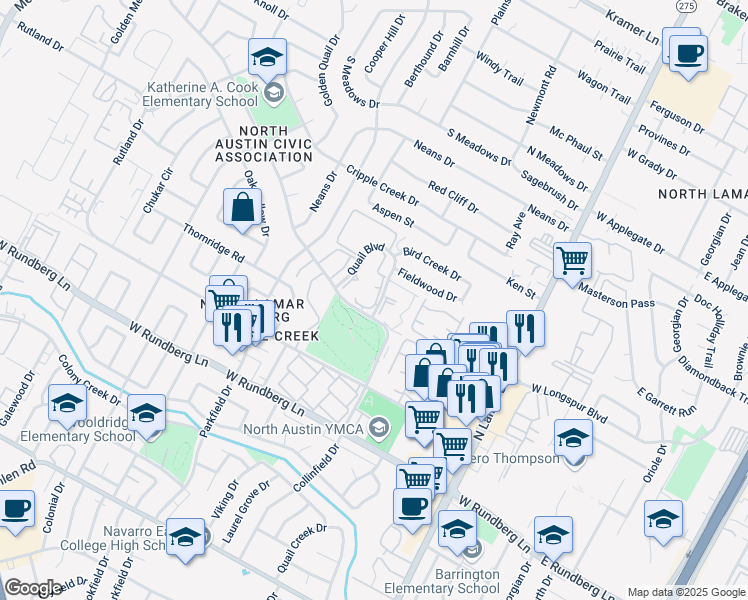 map of restaurants, bars, coffee shops, grocery stores, and more near 9971 Quail Boulevard in Austin