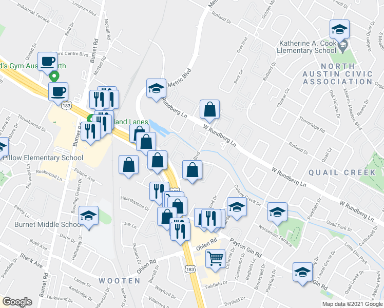 map of restaurants, bars, coffee shops, grocery stores, and more near 2117 Northgate Hills Blvd in Austin