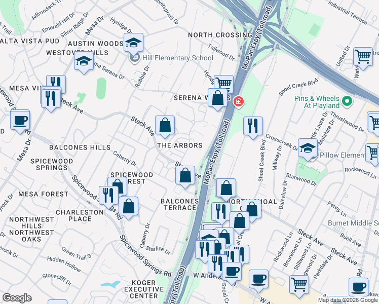 map of restaurants, bars, coffee shops, grocery stores, and more near 8222 Bent Tree Road in Austin