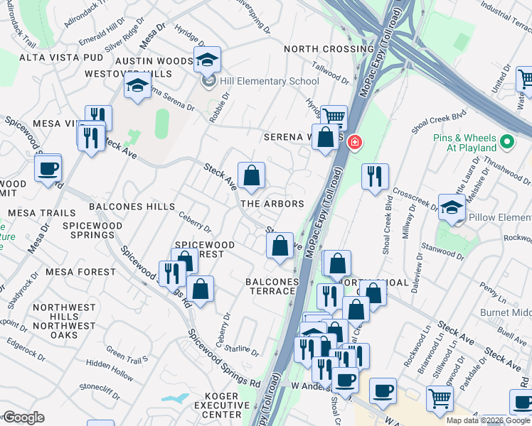 map of restaurants, bars, coffee shops, grocery stores, and more near 8222 Bent Tree Road in Austin