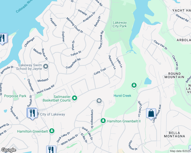 map of restaurants, bars, coffee shops, grocery stores, and more near 520 Cutty Trail in Lakeway