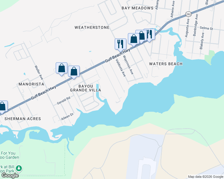 map of restaurants, bars, coffee shops, grocery stores, and more near 2489 Gulf Breeze Avenue in Pensacola