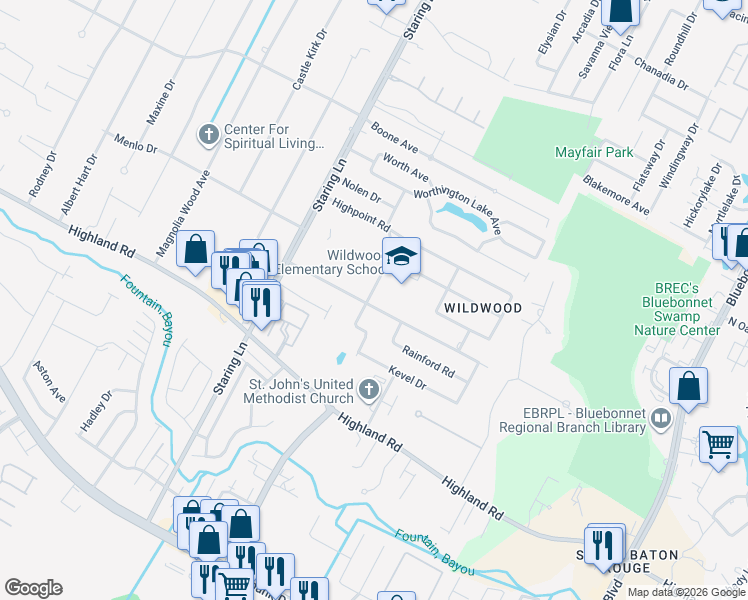 map of restaurants, bars, coffee shops, grocery stores, and more near 9201 Kingcrest Parkway in Baton Rouge