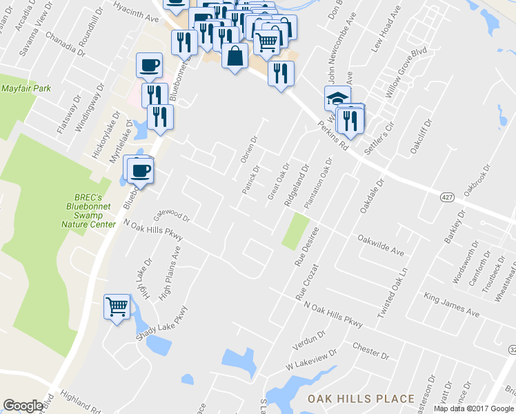 map of restaurants, bars, coffee shops, grocery stores, and more near 1441 Great Oak Drive in Baton Rouge
