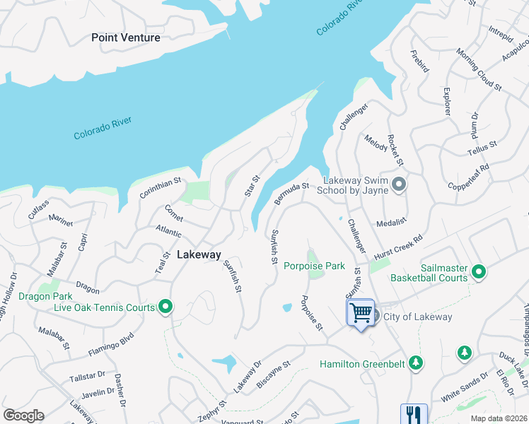 map of restaurants, bars, coffee shops, grocery stores, and more near 712 Bermuda Street in Lakeway