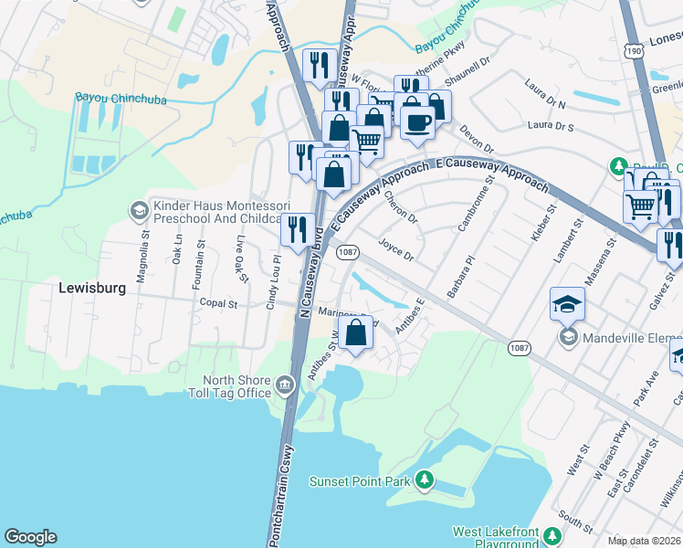 map of restaurants, bars, coffee shops, grocery stores, and more near 200 Mariners Plaza Drive in Mandeville