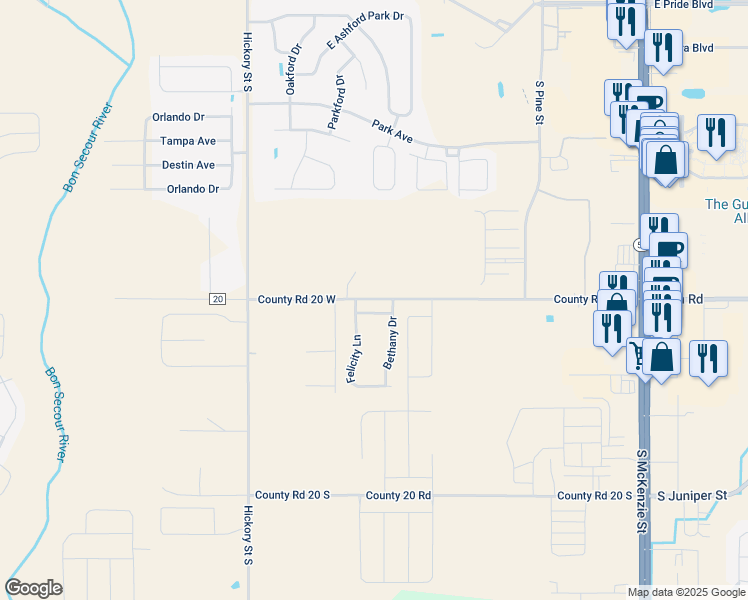 map of restaurants, bars, coffee shops, grocery stores, and more near County Road 20 West in Foley