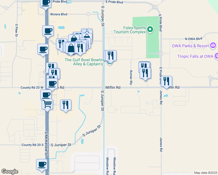 map of restaurants, bars, coffee shops, grocery stores, and more near 20540 Miflin Road in Foley