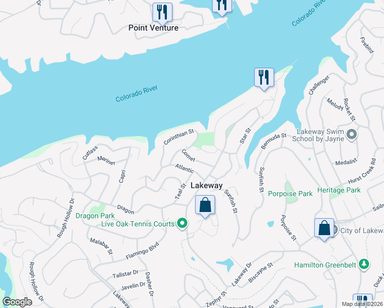 map of restaurants, bars, coffee shops, grocery stores, and more near 101 Comet in Lakeway