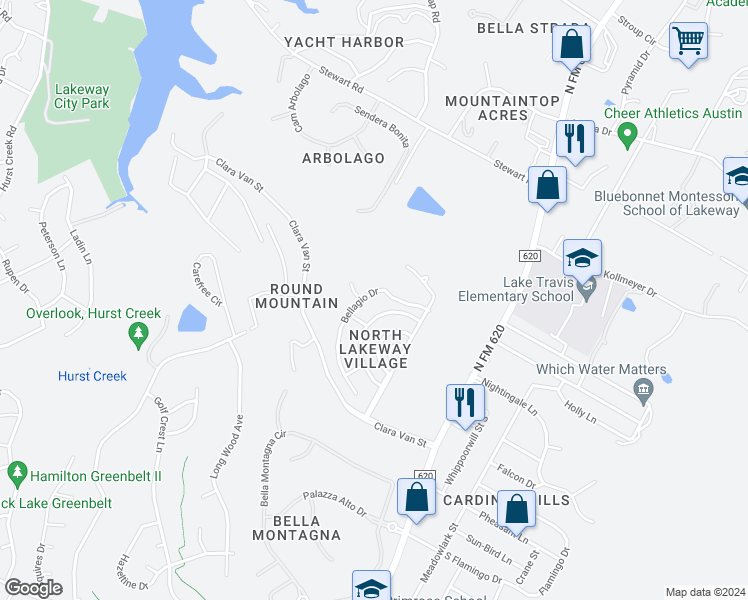 map of restaurants, bars, coffee shops, grocery stores, and more near 310 Bellagio Drive in Austin