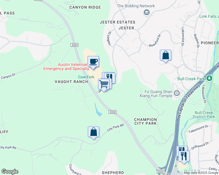 map of restaurants, bars, coffee shops, grocery stores, and more near 6601 Jester Boulevard in Austin