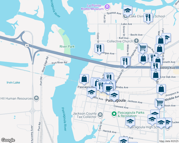 map of restaurants, bars, coffee shops, grocery stores, and more near 410 Live Oak Avenue in Pascagoula