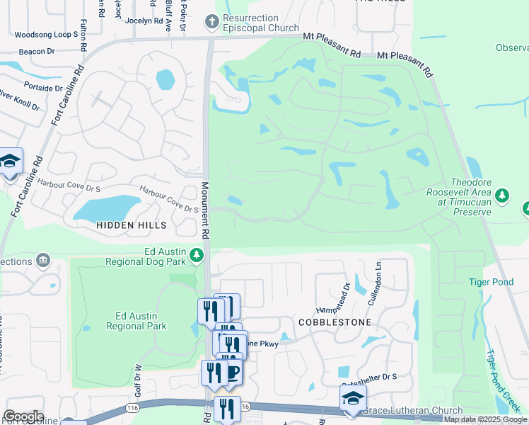 map of restaurants, bars, coffee shops, grocery stores, and more near 12519 Mission Hills Drive South in Jacksonville