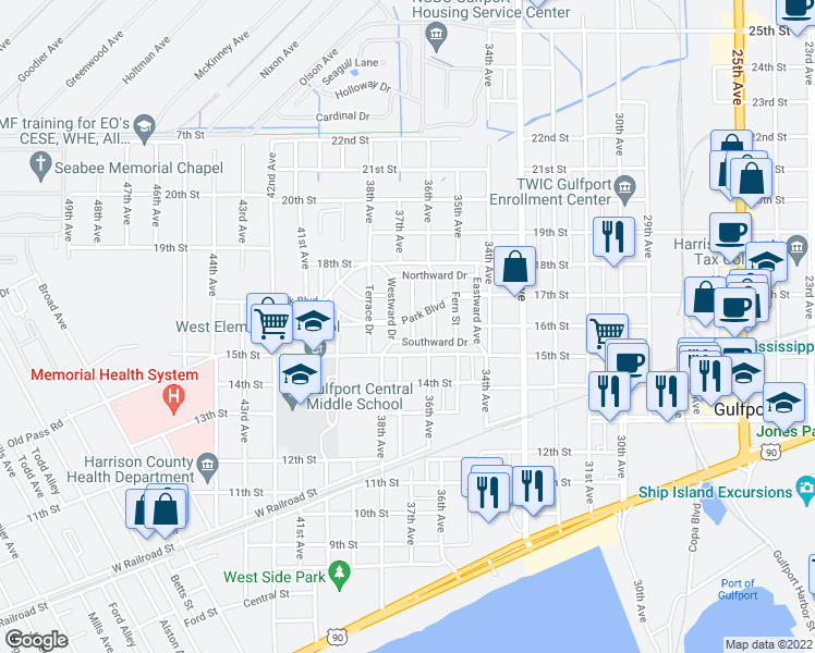 map of restaurants, bars, coffee shops, grocery stores, and more near 3701 Park Boulevard in Gulfport