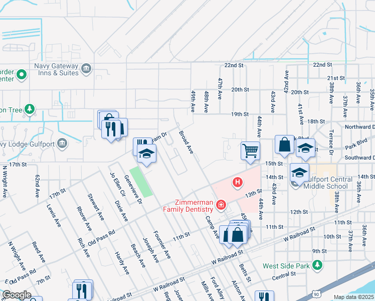 map of restaurants, bars, coffee shops, grocery stores, and more near 1607 Broad Avenue in Gulfport