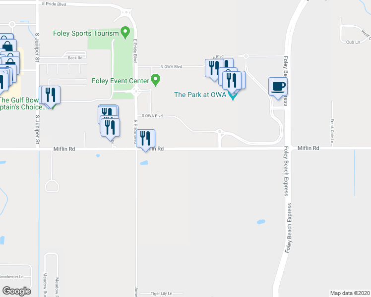 map of restaurants, bars, coffee shops, grocery stores, and more near 21413 Miflin Road in Foley