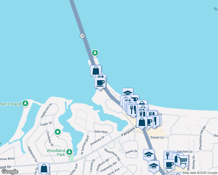map of restaurants, bars, coffee shops, grocery stores, and more near 24 Baybridge Drive in Gulf Breeze
