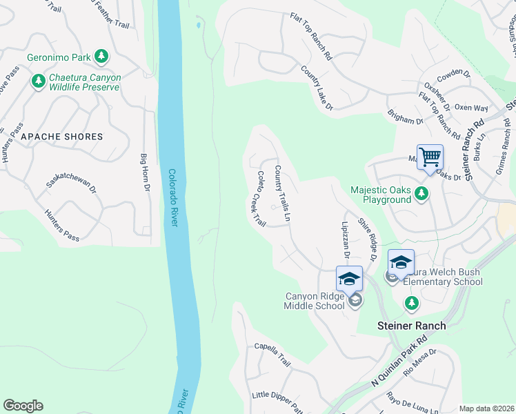 map of restaurants, bars, coffee shops, grocery stores, and more near 13320 Coleto Creek Trail in Austin