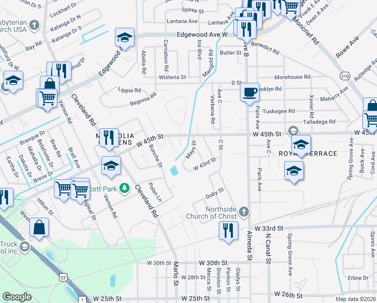 map of restaurants, bars, coffee shops, grocery stores, and more near 5350 Mays Drive in Jacksonville