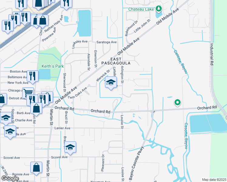 map of restaurants, bars, coffee shops, grocery stores, and more near 3511 Arlington Street in Pascagoula