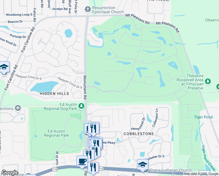 map of restaurants, bars, coffee shops, grocery stores, and more near 12519 Mission Hills Drive South in Jacksonville