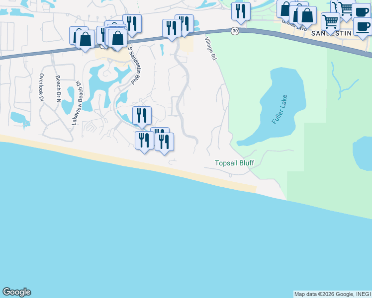 map of restaurants, bars, coffee shops, grocery stores, and more near 550 Tops'l Beach Boulevard in Miramar Beach
