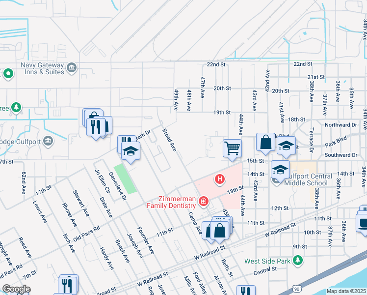 map of restaurants, bars, coffee shops, grocery stores, and more near 1607 Broad Avenue in Gulfport